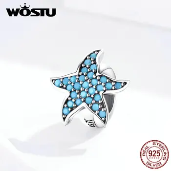 

WOSTU 925 Sterling Silver Starfish Silicone Stopper Spacer Blue Zircon Charms Pendant Fit Original Bracelet Bead Jewelry FIC1313