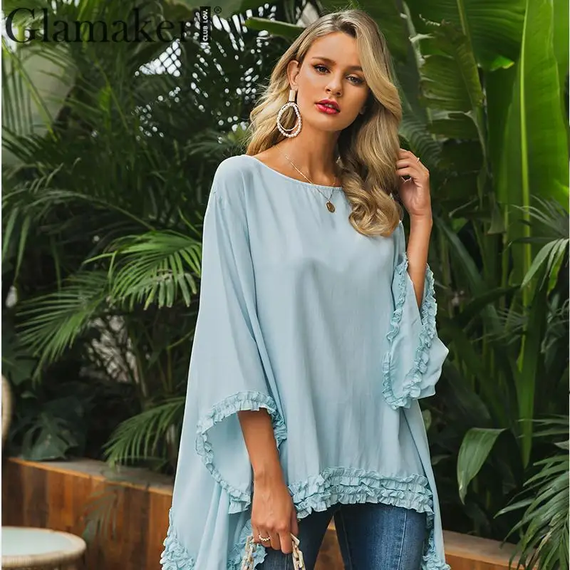 Glamaker, синяя, короткая, рукав летучая мышь, женская блузка, летняя, элегантная, шифоновая блузка, рубашка, Повседневная, свободная, с рюшами, женский топ, модная рубашка
