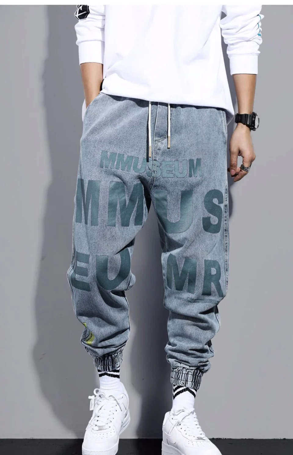 Men Fashion High Street Jeans Casual Harem Pants Letter Print Light Blue Sweatpants Trousers Drawstring Homens Jeans Denim Pants lee carpenter jeans