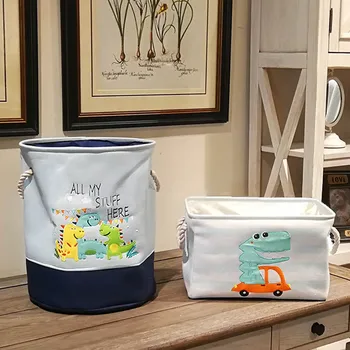 

Home Organizer Multifunction Sundries Storage Barrels Toy Storage Box Dirty Laundry Basket Cartoon Dinosaur Print Canvas