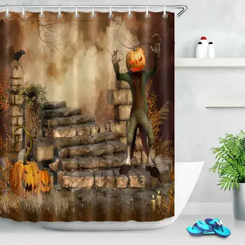 

Horror Halloween Pumpkin Zombie Bathroom Fabric Shower Curtain Set w/ Free Hooks