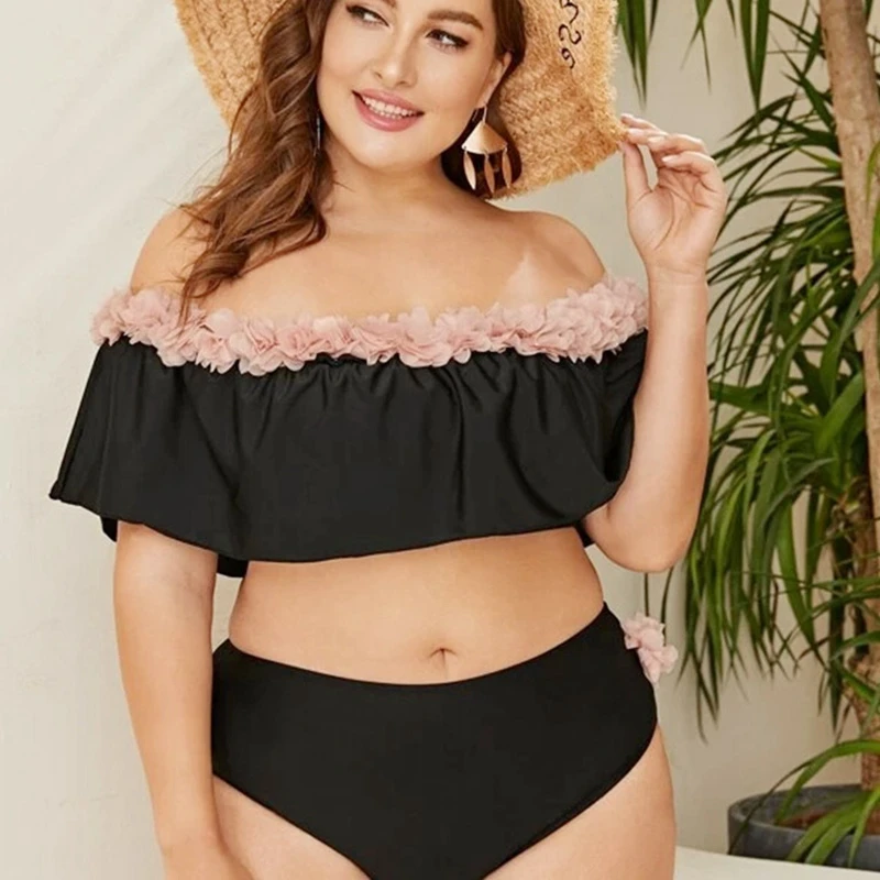 

Plus Size Swimsuits 2020 New Hot Sale Bikinis Boat Neck Off Shoulder High Waist Floral Decoration Swimwear for Women Badeanzug