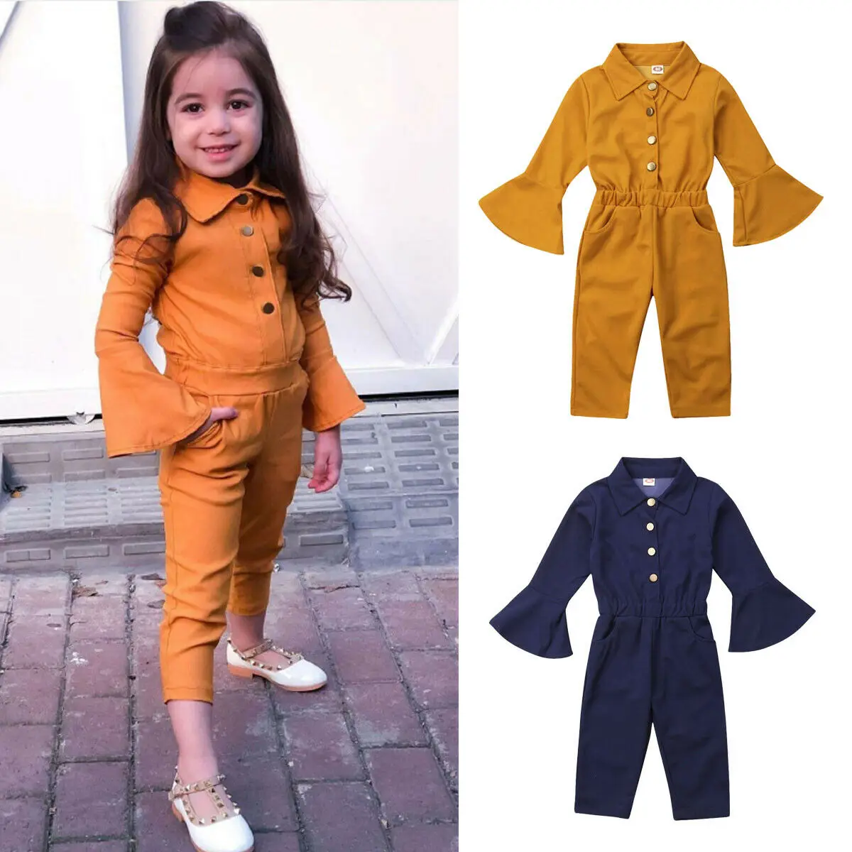 

Pudcoco Toddler Kids Baby Girls Jumsuits Long Bell Sleeve Romper Pants Sloid Autumn Outfit For Kids Baby 2-7Ys Clothes