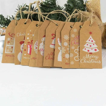 

100pcs Kraft Paper Tags with Rope Gift Label DIY Craft Label Xmas Tree Santa Snowman Snowflake Hole Hanging Ornaments Gift Cards