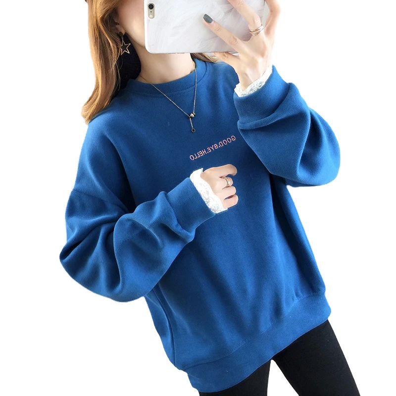 

Autumn New Loose Large Size Long Sleeves hooded Female Sweatershirt Spring Fashion Women Wild Solid Lace Sleeve Blouse