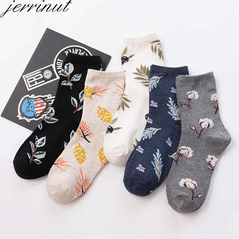 Jerrinut, женские хлопковые Веселые носки с принтом, милые носки с мультяшными листьями, весенне-Осенние Теплые повседневные носки Harajuku, 1 пара