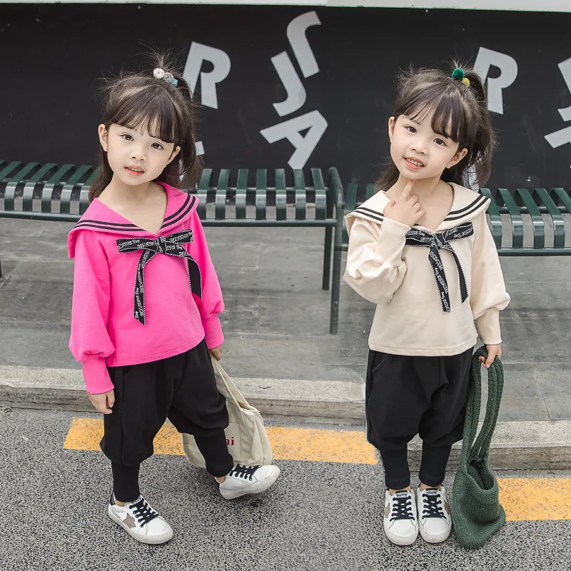 

Girls Navy Set 2020 Spring Clothing New Style Bow College Style Set Children Little Girl Set