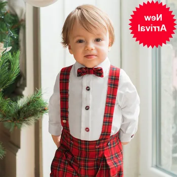 

Boy Newborn Baby Clothes White Dots Shirts+Red Grid Suspenders Pants With Pom Pom Baby Christmas Kids Outfit