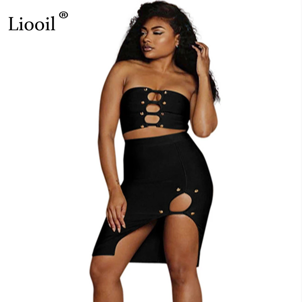 Liooil из двух частей сексуальный без бретелек разрез Bodycon мини платье без рукавов выдалбливают черный бесшовная плотно прилегающая юбка платья женские вечерние ночной клуб