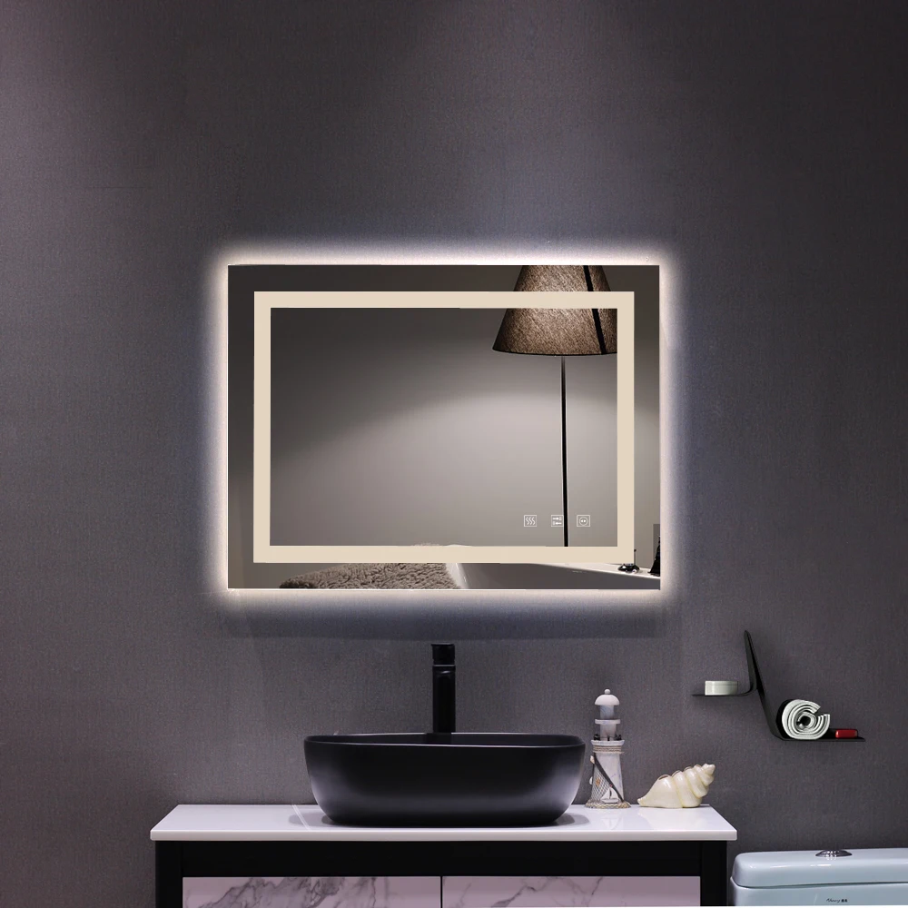 

Bathroom Mirror with Led Light Glass Mirror Square Touch LED Anti-fog Easy to install Tricolor Dimming Lights 32*24"[US-W]