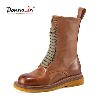 

Donna-in Mid Calf Combat Boots For Women Winter Lace Up Flat Genuine Leather Thick Bottom Boots Ladies Autumn Winter Shoes