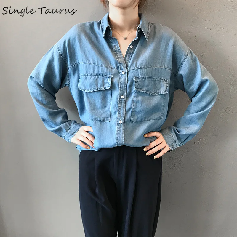 

Cowboy Lescel Shirts Women Fashion Korean Preppy Style Causal Camisas Mujer 2019 Fall Big Pocket Jeans Blue Gray Roupa Feminina