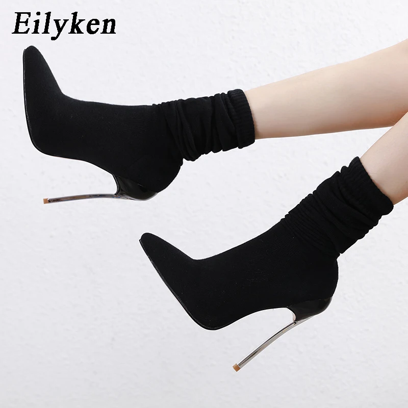 

Eilyken Fashion Knitting Stretch Fabric Sock Boots Pointy Toe Over-the-Knee Heel Thigh High Pointed Toe Woman Boot size 35-42