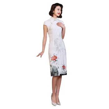 

White Summer Chinese Style Dress Vintage Oriental Ladies Knee Length Qipao Classic Stage Show Elegant Female Cheongsam M-3XL
