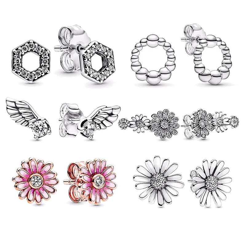 

Real 925 Sterling Silver Earring Pink Daisy Square Sparkle Honeycomb Hexagon Earrings For Women Wedding Gift Fashion Jewelry