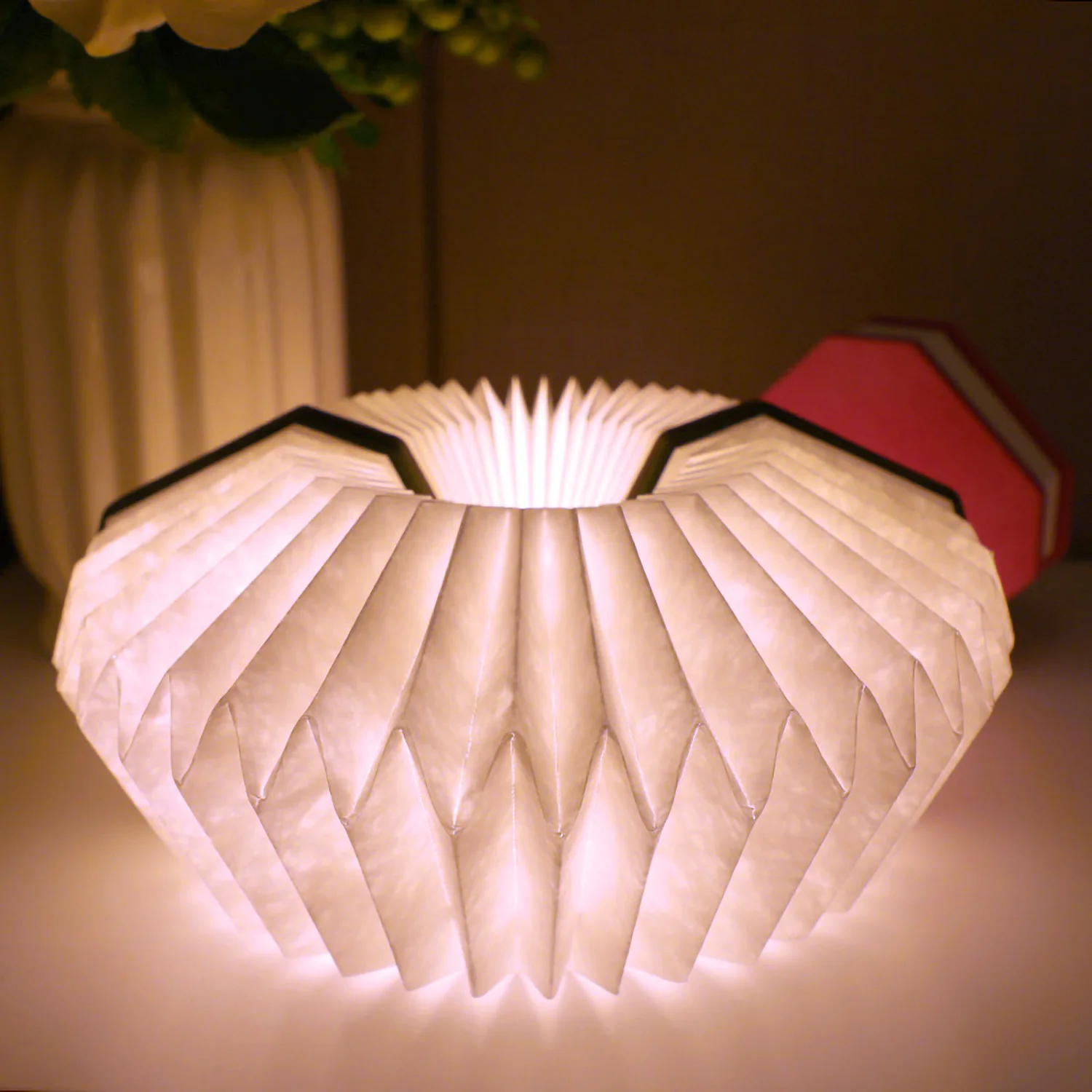 LED Hanging Folding Lantern, Wood & Paper Lamp Suede Fabric Cover, Organ Book Light for Home, Office, Travel, USB Rechargeable
