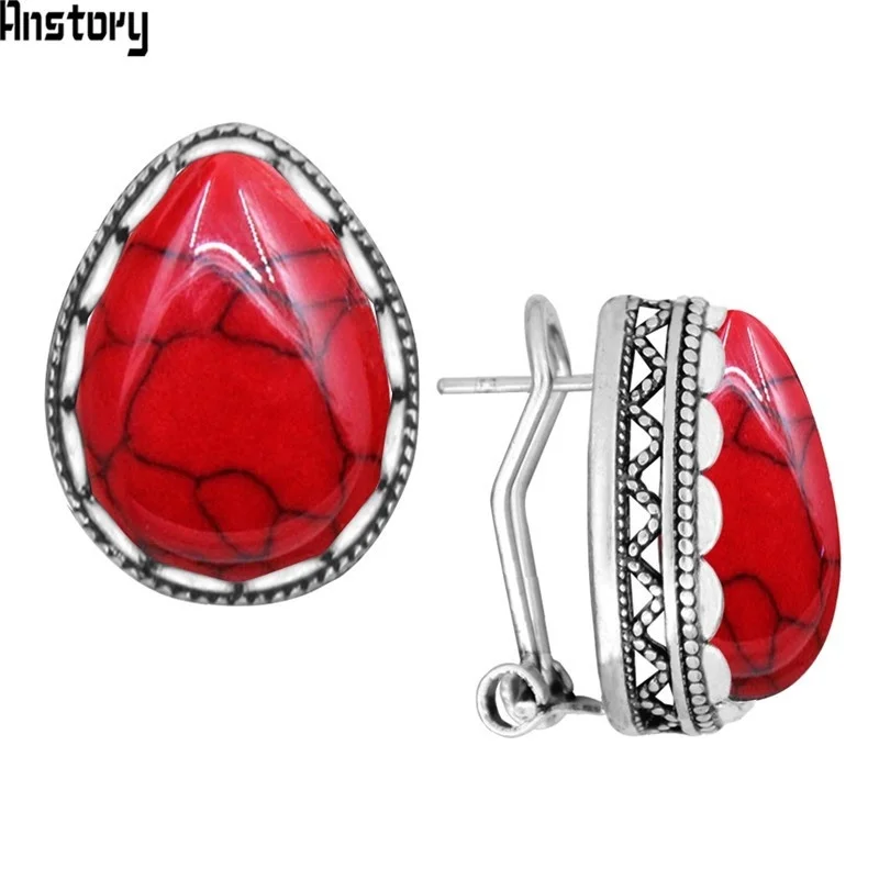 5 Colors Water Drop Stone Earrings Stud Vintage Lady Antique Silver Plated Push-Bback Fashion Jewelry TE509 | Украшения и