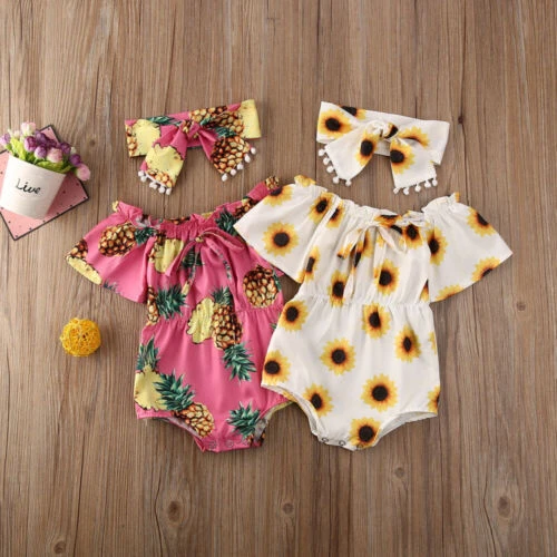 Baby Summer Clothing Baby Girl Flower Clothes Girls Off Shoulder Bodysuit Headband Pineapple Kids Sunflower Newborn Outfits Set customised baby bodysuits