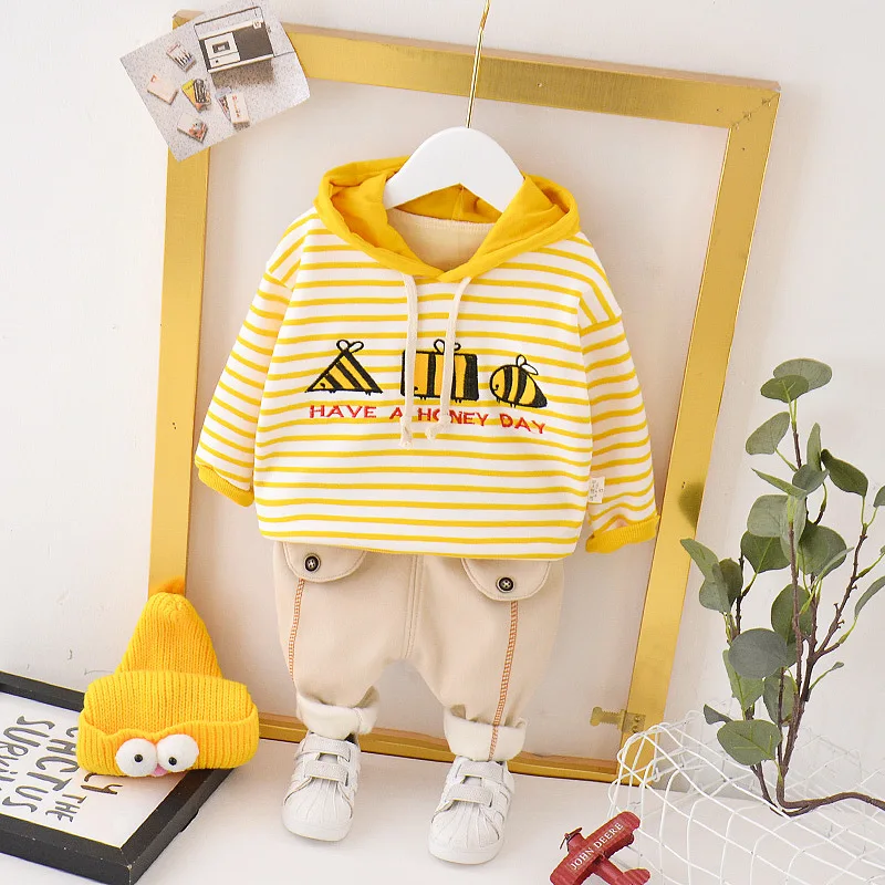 

2019 Autumn And Winter BOY'S Thick-Stripes Small Bee Set Children Baby plus Velvet Hoodie Two-Piece Set