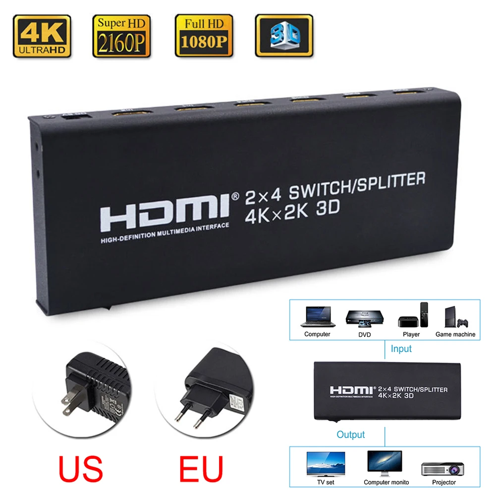 4K 2X4 2 в 4 Выход HDMI переключатель сплиттер аудио экстрактор видео конвертер адаптер с пультом дистанционного управления 3D 1080p для компьютера