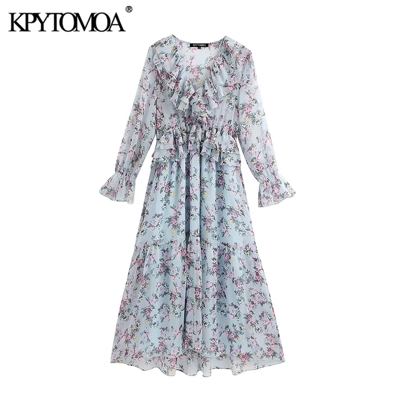 KPYTOMOA Women 2020 Chic Fashion Floral Print Ruffled Midi Dress Vintage Long Sleeve See Through Female Dresses Vestidos Mujer