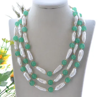

P7700 54" 20mm White Biwa Pearl Green Round Jade Necklace