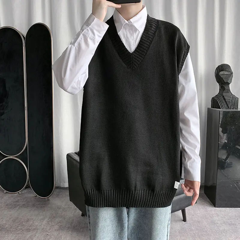 

2020 Men's Solid Color Sleeveless Pullover Wool Sweater Vest Loose Knitting Korean Clothes Sweaters Clothing Coats Size M-XL