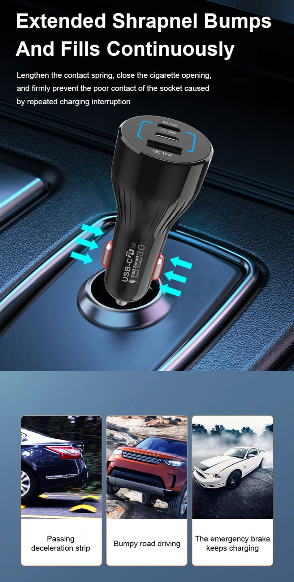 usb triple socket TQUQ 95W 3-port USB C Car Charger,Super Fast Charging PPS PD 65W/45W/30W/20W QC4+ 18W For Xiaomi Laptop iPhone12 Samsung galaxy mobile phone chargers