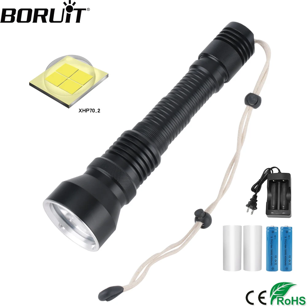 

BORUiT XHP70.2 LED 6000LM Scuba Diving Flashlight 5-Mode Underwater 80M 18650/26650 Torch High Power Spearfishing Light