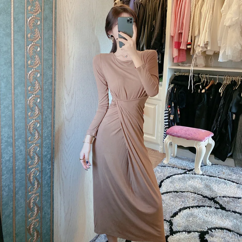 

French Long-sleeved Dress Women's 2019 New Style Crew Neck High-waisted Pleated Knit Elegant Long Skirts Base Skirt Skirt