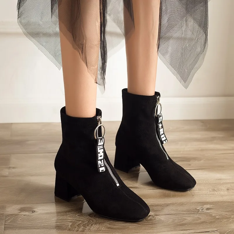 

Lucyever Front Zipper Square High Heels Ankle Boots for Women 2019 Autumn Winter Flock Round Toe Shoes Woman Black Botas Mujer