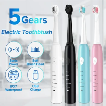 

Sonic Electric Toothbrush 5 Modes Rechargeable Tooth Brush Washable Electronic Whitening Teeth Brush with 4 Replacement Heads