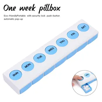

Household portable one week pill box friendly plastic pill storage box with security lock button type automatic pop-up