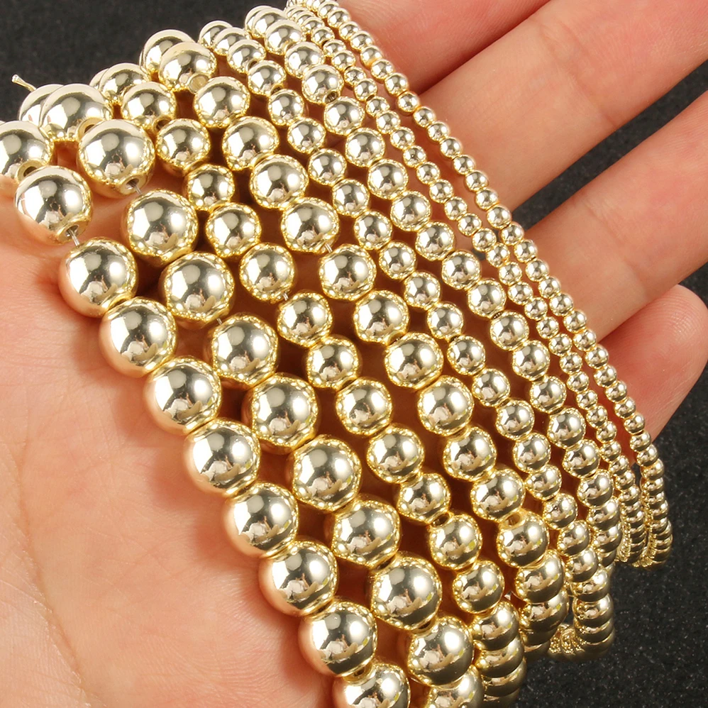 Natural Stone Hematite Round Beads in Gold & Silver Tones for Jewelry Making - 15'' Strand