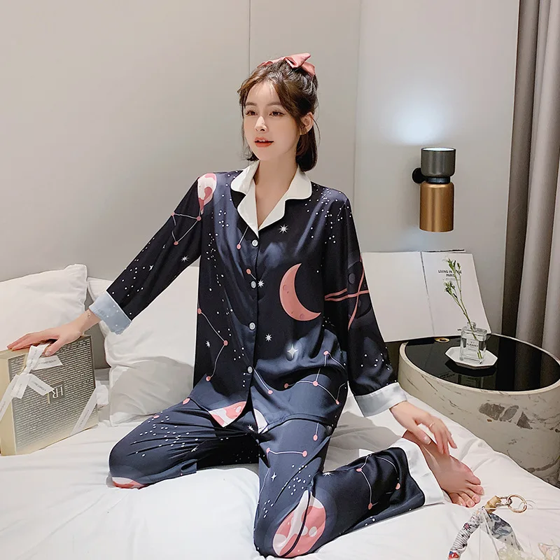 

Pajamas Female Summer New Style Viscose Thin Spring and Autumn Long Sleeve Trousers Set Sweet Fashion Clothing at Home Viscose P