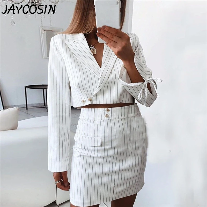 

JAYCOSIN Women Suits Stripe V Neck Slim Lapel Button Pocket Temperament Blazer Suit Mini Suit Skirt Set 2 Piece Set Outfits a27