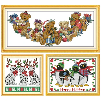 

Joy Sunday Stamped Cross Stitch Kits Christmas Bears Patterns 14CT 11CT Print Counted Fabric Handmade Embroidery Needlework Sets