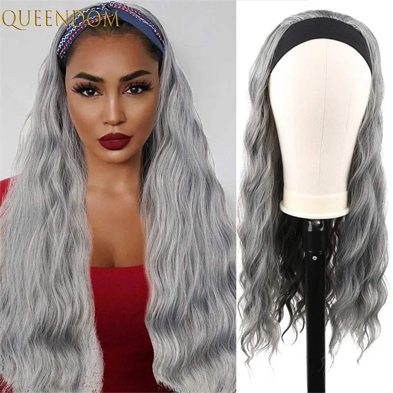 

Grey Body Wave Headband Wig Female 20inch Long Water Wave Red Wigs for Black Women Synthetic Wavy Headwraps Wig Perruque Cosplay