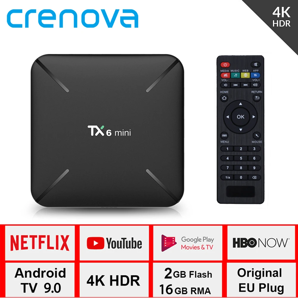 

Crenova TX6 Mini Smart Android TV Box Android 9.0 Netflix Youtube Quad Core 2GB + 16GB 2.4G WiFi 4K HD AirPlay Set Top Box