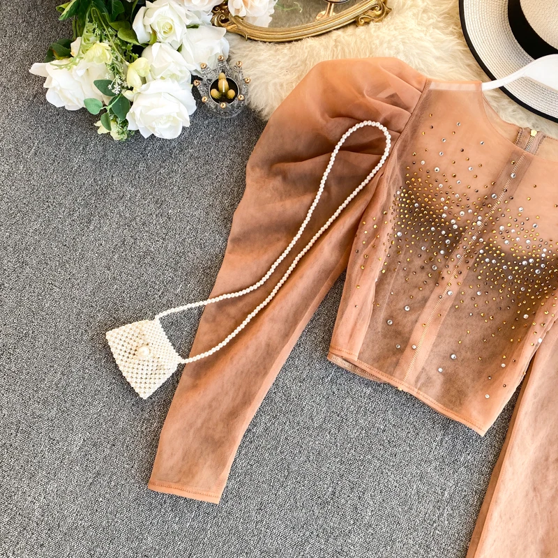 Neploe, Ретро стиль, бриллианты, топ, Blusas, женская короткая сетчатая рубашка, осень, на молнии, плиссированная, пышная, длинный рукав, o-образный вырез, Корейская блузка, 56840
