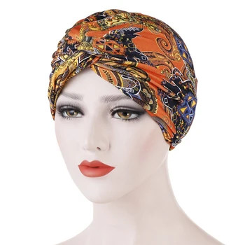 

Women Print Turban Hat Muslim Hijab Cross Knotted Chemo Cap Beanie Scarf Turban Head Wrap Female Bandanas Headwear High Quality