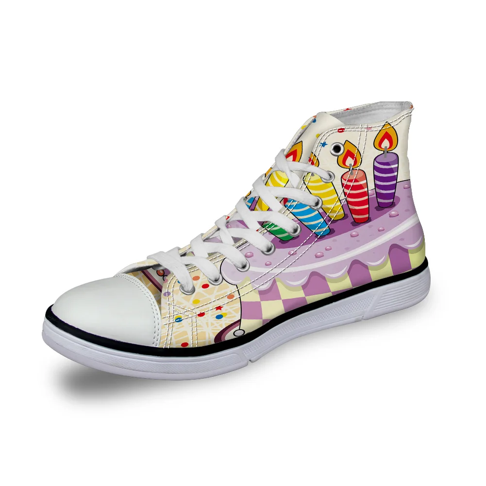 

WHEREISART Women Canvas Shoes Birthday Cake Candle Cartoon High Top Flats Unisex Vulcanized Shoes Female Casual Shoes Sneakers
