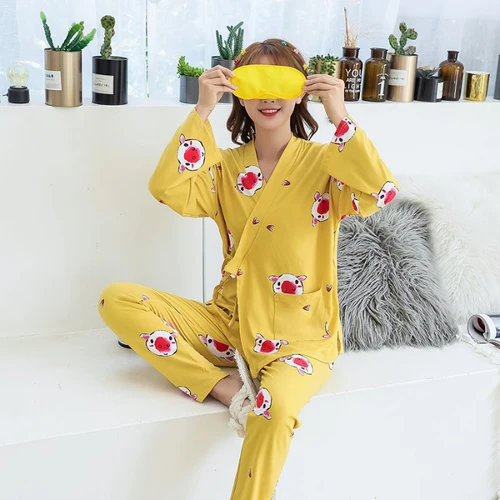 C JV xiao huang zhu Spring Autumn Women Pajamas Sets Long Sleeve V-neck Cute print Home Wear Lovely Sleepwear Send Eye Mask Girls Pijama mujer - Цвет: C JV xiao huang zhu