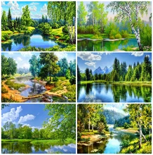 Azqsd pintura diamante paisagem imagem de strass quadrado completo diamante mosaico bordado árvore rio casa deocrtion(China)