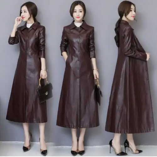 Deep wine red Новинка; сезон весна-осень; длинные кожаные пальто для женщин; тонкая женская ветровка из овчины; большие размеры; искусственная кожа; моторизированное пальто для женщин - Цвет: Deep wine red