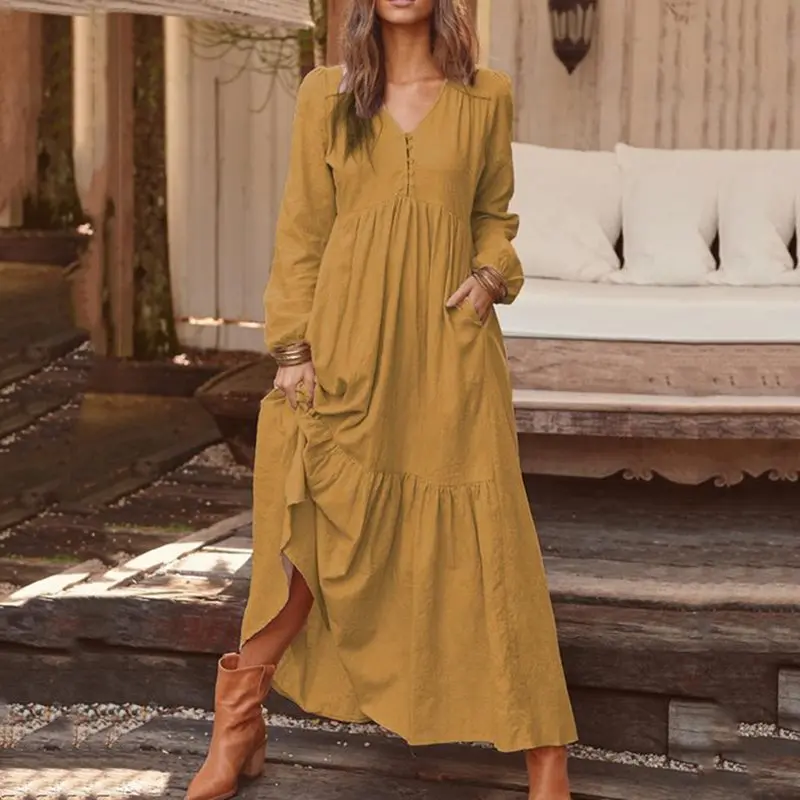 Boho Макси платье, женское платье, осень, женское богемное платье, длина до лодыжки, v-образный вырез, пуловер, простые платья, женские платья