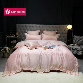 

Sondeson Luxury Women 100% Silk Pink Bedding Set Silky Healthy Embroidery Duvet Cover Queen King Flat Sheet Pillowcase Bed Linen