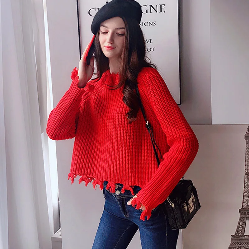 Dabuwawa Frayed Loose Fit Crop Jumper Pullover Solid Sweater Women Round Neck Raglan sleeves Casual Sweaters Female DN1DKT037 | Женская