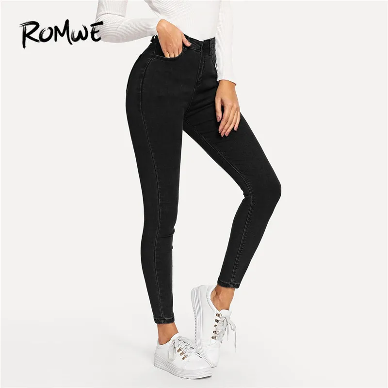 

ROMWE Solid Skinny Jeans Woman 2019 Spring Autumn Casual High Waist Jeans Streetwear Denim Pants Zipper Fly Denim Trousers