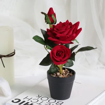 

New Style Artificial Rose High Grade Artificial Flannel Rose Bonsai Set Flowers Decoration Decoration